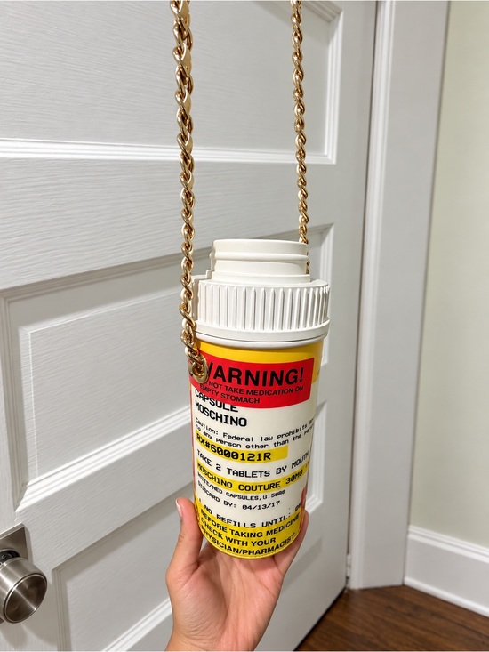 Moschino Handbags - Moschino White, Yellow and Red Pill Bottle Crossbody Bag with Gold Chain